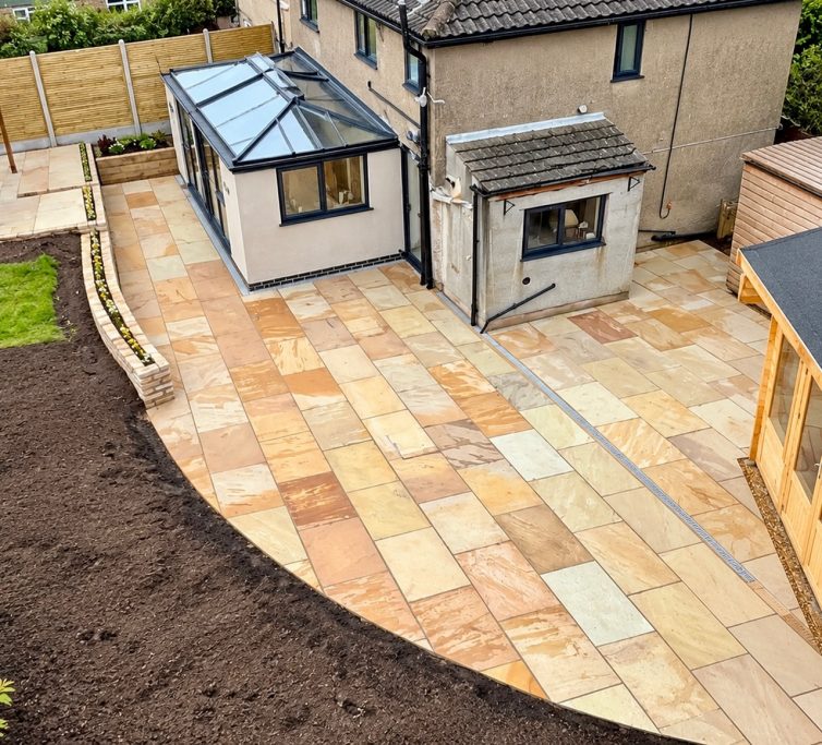 Mint sandstone flags laid in parallel lines Mint sandstone flags laid in parallel lines