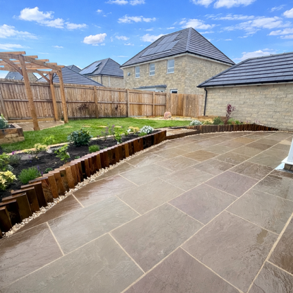 Autumn brown sandstone, timber deck and sleeper bed Autumn brown sandstone, timber deck and sleeper bed