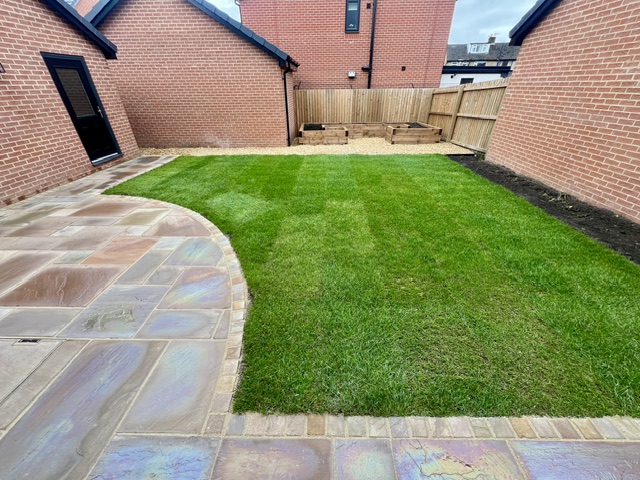 Sandstone patio and path with new lawn Sandstone Patio and path with new lawn