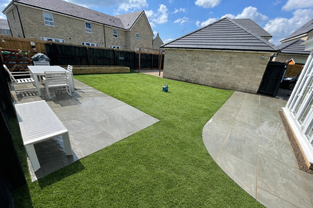 Kandla grey sandstone flags and new turf