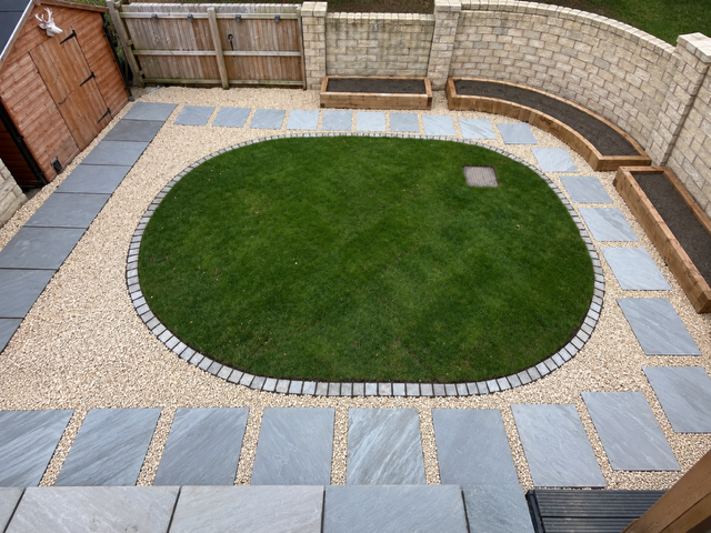 Lawn edged with sandstone setts Lawn edged with sandstone setts