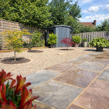 Autumn brown sandstone, timber deck and sleeper bed
