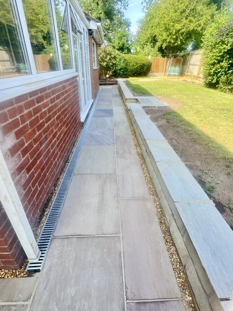 Raj sandstone walkway with retaining wall Widened walkway in Raj indian sandstone